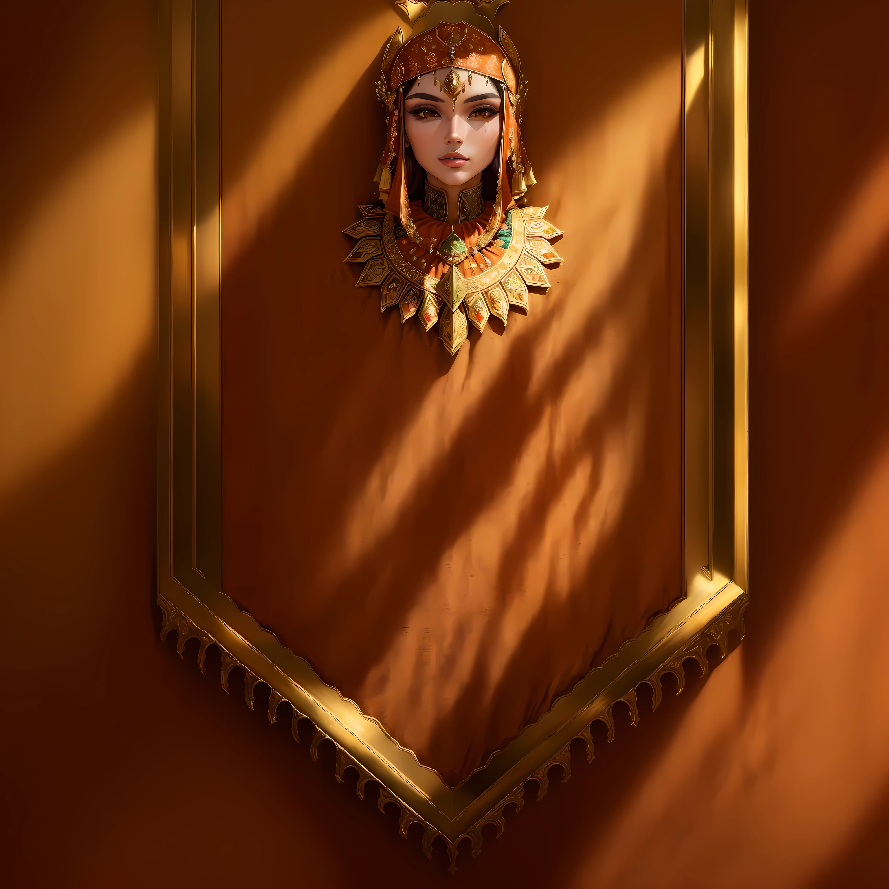 there is a marrom e dourado plaque with a gold border, com borda marrom romba, cloth Bandeiras, Casa Telvanni, Bandeiras, manto marrom, armadura marrom, heavy blurry jpeg artifact, gemini pano de ouro, pano de ouro, CAPA REAL, vestes marrons, cabo grande, manto ornamentado, Bandeira, marrom e dourado, bronze, franja marrom, armadura pesada marrom
