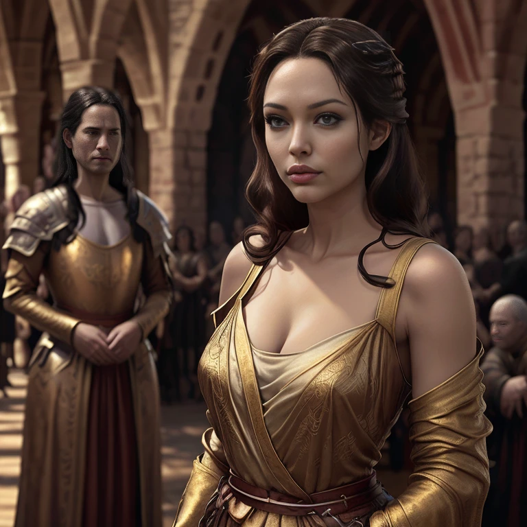 score_9, score_8_up, score_7_up, score_6_up, score_5_up, Margaery Tyrell from Game of Thrones, black hair, sexy, extremely detailed artgerm, in medieval guard uniform posing, midriff, cleavage, (masterpiece, best quality:1.2), Next to a garden, flowers, beautiful, medieval, (insanely detailed, beautiful detailed, masterpiece, best quality), (insanely detailed, masterpiece, best quality) angl