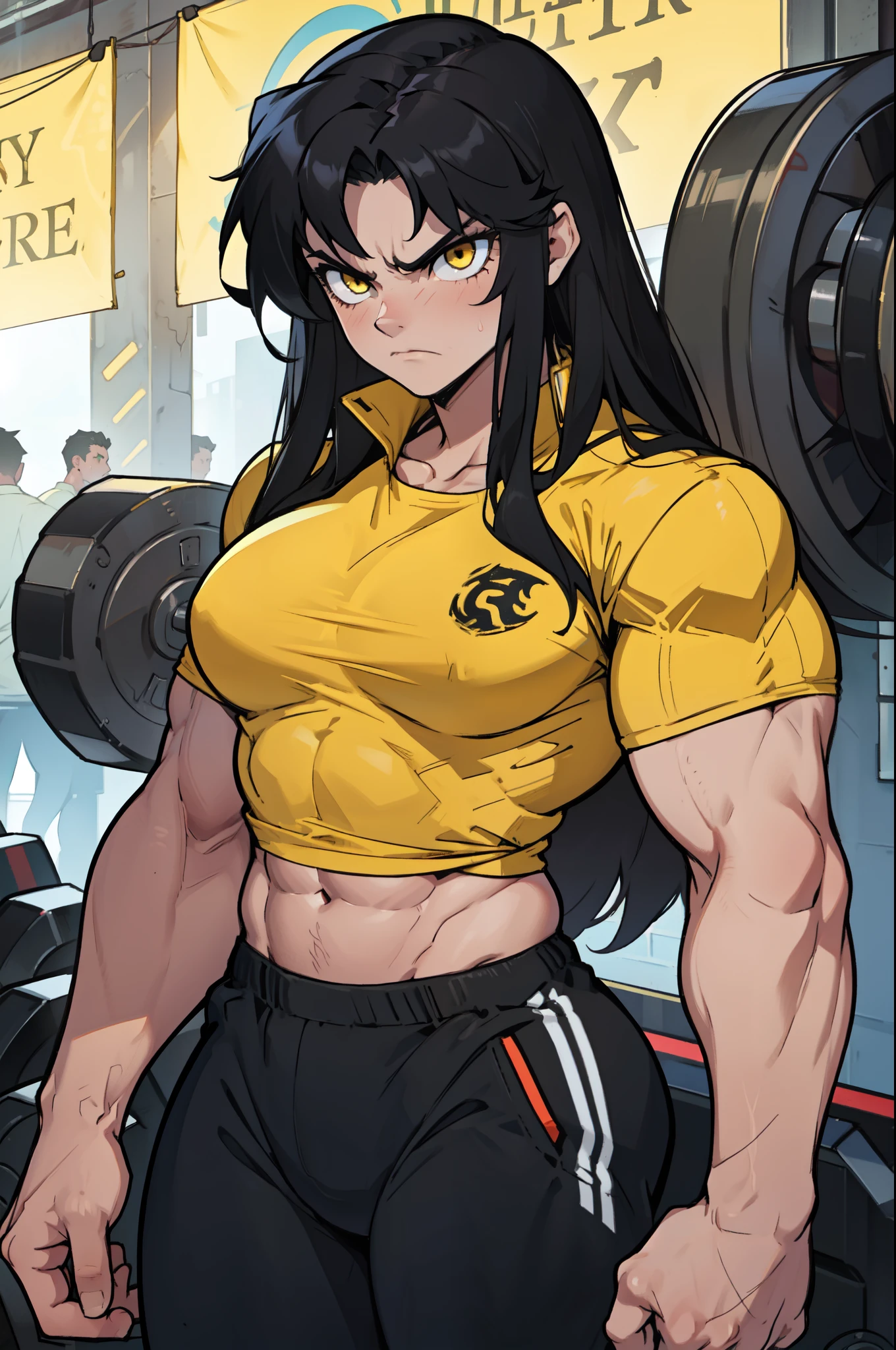 angry ((((1girl)))) (((bodybuilder))) pale skin black hair very long hair yellow eyes midriff