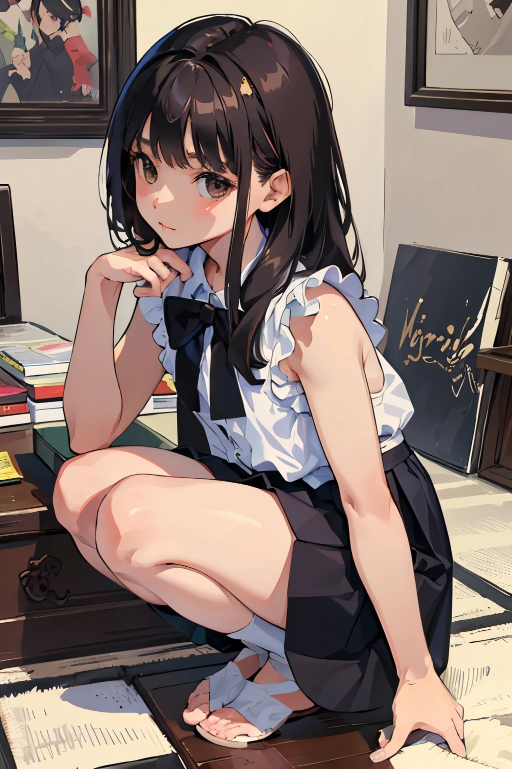 (),highest quality,Beautiful face in every detail,cute,Dark brown eyes,(背の低いcute女の子,Smallg student,Yoicate girl),(masterpiece,Top quality),Black Hair,Sleepy expression,Sleeveless,(White mini skirt),Crouching