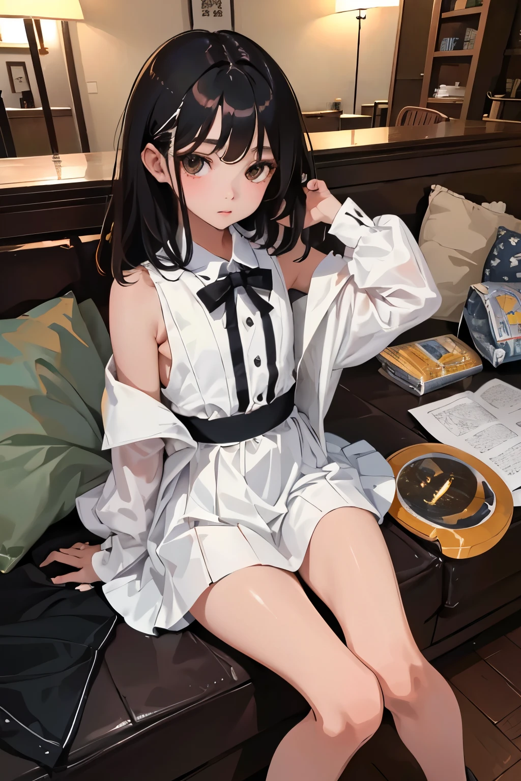(child)，highest quality，Beautiful face in every detail，cute，Dark brown eyes，(背の低いcute女の子，Small young student，Young delicate girl）,（masterpiece，Top quality)，Black Hair，Sleepy expression，Sleeveless，(White shorts)，Crouching