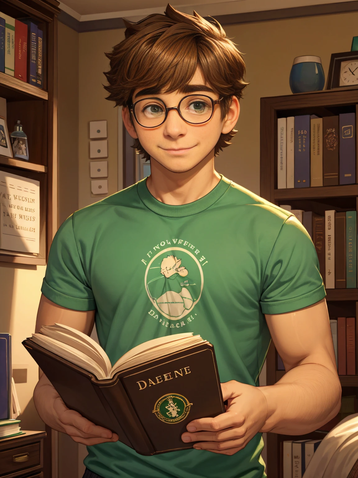 Cute, nerdy boy, brown hair, delicate face, beautiful face, shy expression and flushed cheeks, green eyes, delicate mouth, strong body. He's wearing round glasses, nerdy clothes, holding books. Scene, 's room.