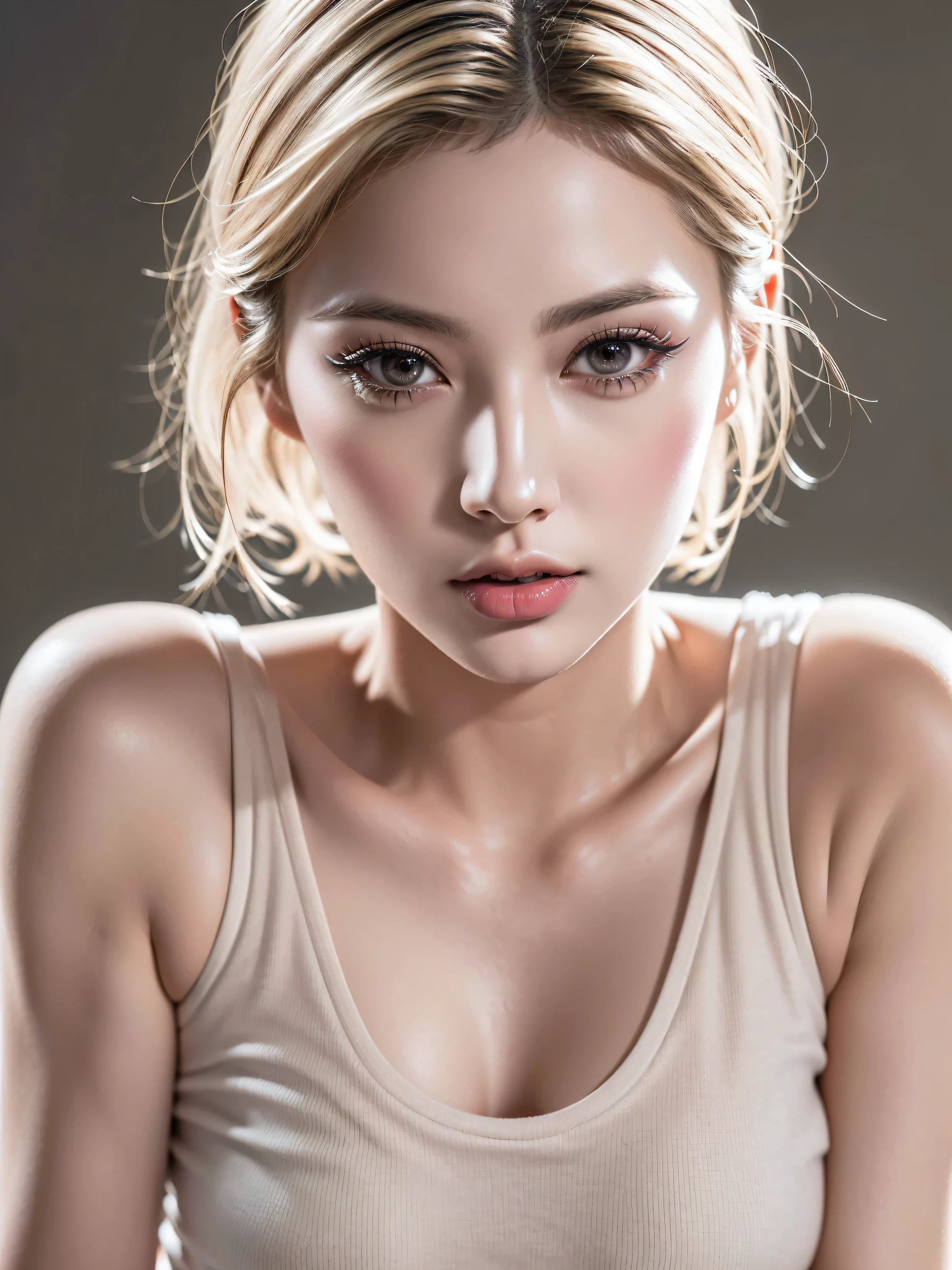 Realistic full body portrait, ruins, biohazard, video game heroine, stunningly beautiful white woman in her 20s holding a rifle, clear white skin, and mud, scratches everywhere, mud stained blonde hair and face, biohazard, torn and tattered clothes, white skin, thighs, smooth skin , frightened and desperate expressions, isometric details, amazingly realistic photos, 8K high quality medium dark lighting, high detail, detail eye, detail face