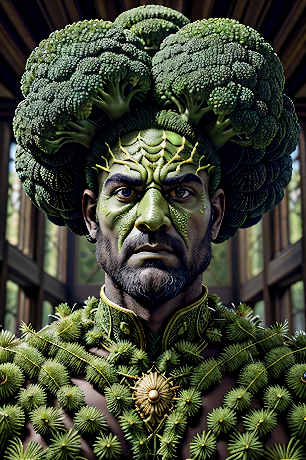 Striking portrait of a distinctive humanoid warrior, crafted in the likeness of a towering broccoli colossus. His muscular, verdant physique is adorned with minute, broccoli-like florets, giving him an otherworldly appearance. His countenance is serious yet determined, his eyes deep-set and ablaze with an unwavering resolve. His 'hair' is a glorious crown of densely packed broccoli florets, adding a unique touch to his regal appearance.
This warrior's wardrobe consists of armor made of intricately intertwined vines and leaves, harmoniously complementing his green body.