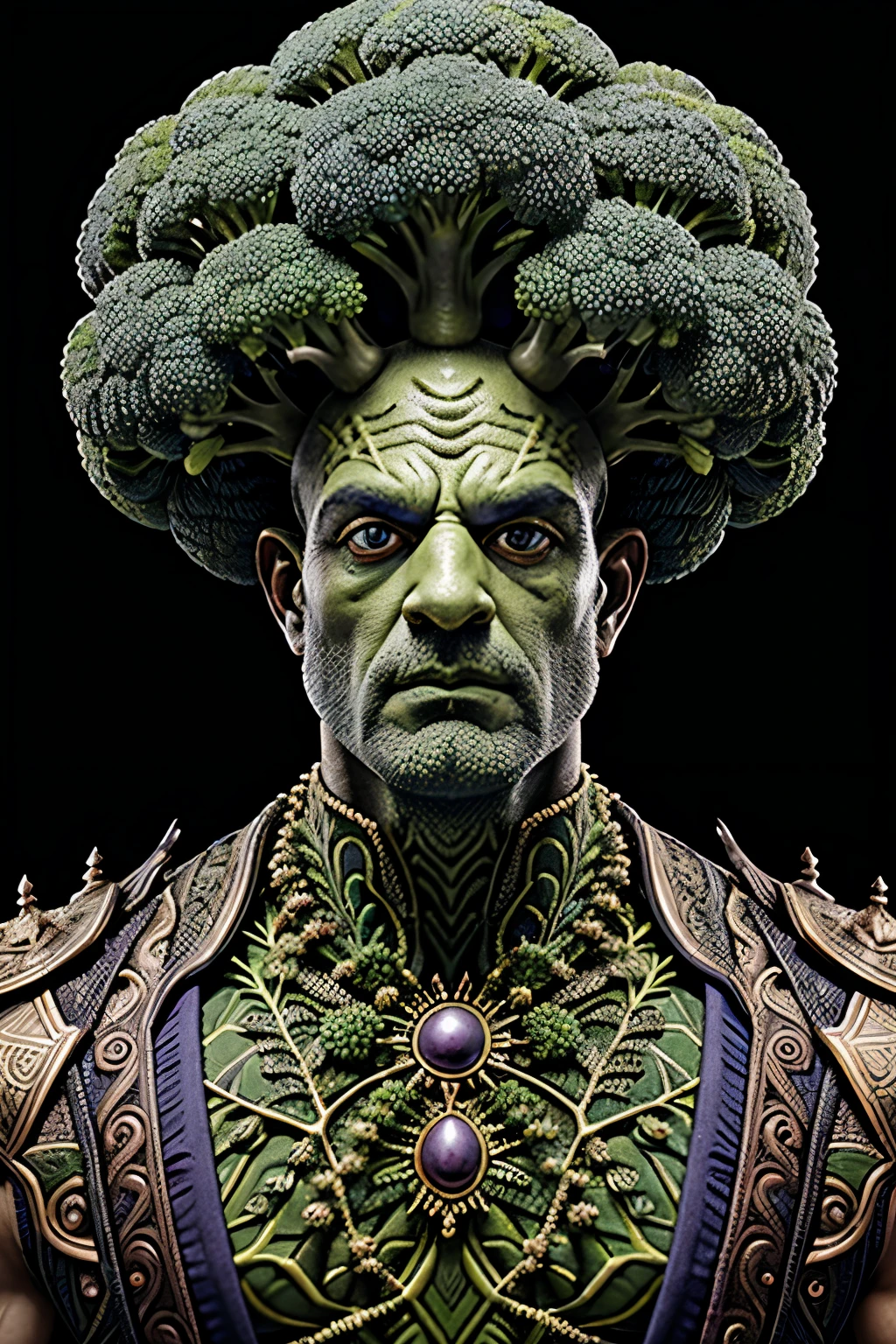 Striking portrait of a distinctive humanoid warrior, crafted in the likeness of a towering broccoli colossus. His muscular, verdant physique is adorned with minute, broccoli-like florets, giving him an otherworldly appearance. His countenance is serious yet determined, his eyes deep-set and ablaze with an unwavering resolve. His 'hair' is a glorious crown of densely packed broccoli florets, adding a unique touch to his regal appearance.

This warrior's wardrobe consists of armor made of intricately intertwined vines and leaves, harmoniously complementing his green body.