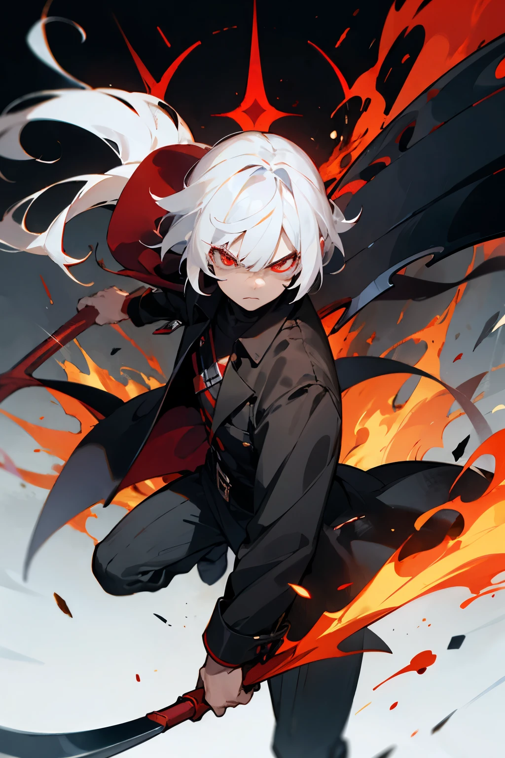 Male, white hair with Black stripes, red eyes, X shaped pupils, Black Flames, holding red scythe, serious face