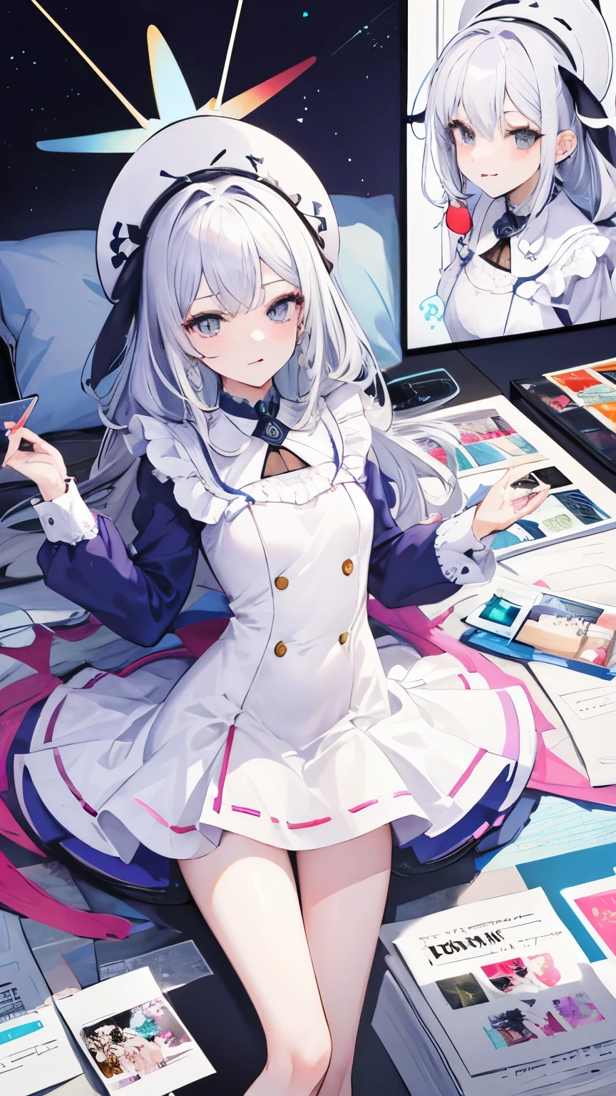 Una chica,cabello blanco,orejas de conejo,sostiene una tablet,que salga todo su cuerpo,esta usando vestido,fondo muchos colores,comic