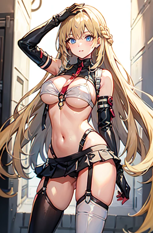 porn costume, hair_that's all_One_eye, Underbust,, ultra detailed, masterpiece, highest quality, beautiful, detailed,, alone, A kind smile, A light smile,
One girl, blue eyes, very long hair, blonde hair, long blonde hair, French Braid, 前hair, Big Breasts,Underboob、(((mini skirt)))