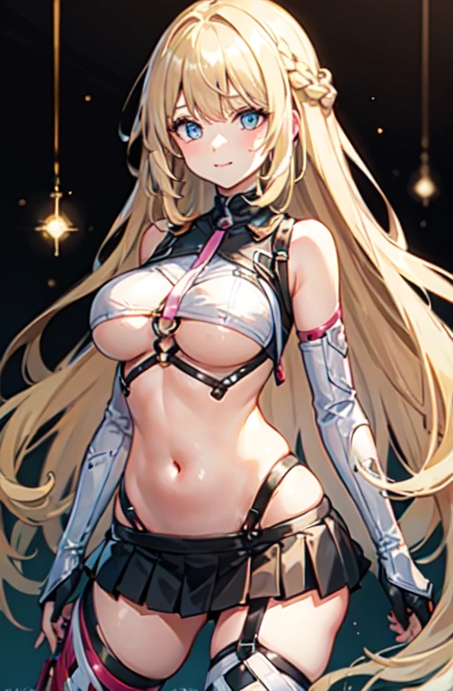 porn costume, hair_that's all_One_eye, Underbust,, ultra detailed, masterpiece, highest quality, beautiful, detailed,, alone, A kind smile, A light smile,
One girl, blue eyes, very long hair, blonde hair, long blonde hair, French Braid, 前hair, Big Breasts,Underboob、(((mini skirt)))