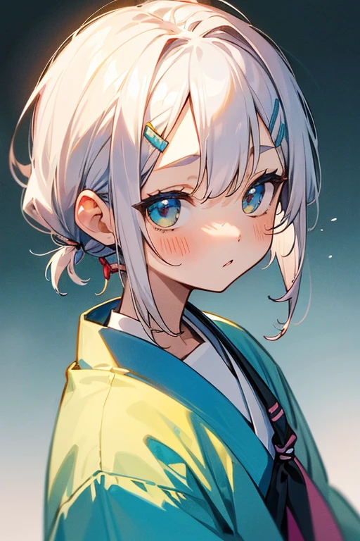 Short white hair, blush, 、Headbang 2.、、Braiding、2 hair clips、Tie your hair up、Yellow and blue clothes、Okinawan style、The image of the face remains the same、