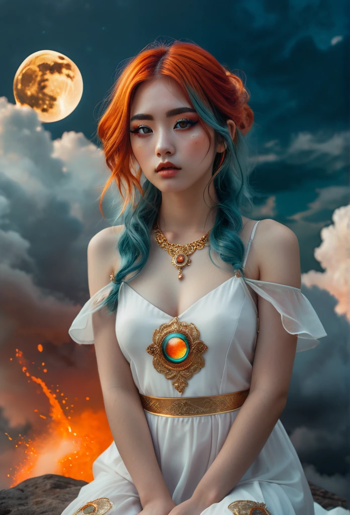 photography, high detail, realistic, ((Kneeling surrounded by clouds in the sky)) Is a girl. The Character eyes shine like jasper, her neck is graven with gold, her skin is lunmious as the moon. Wearing a white dress. Red and orange mix  teal hair, burning with fire