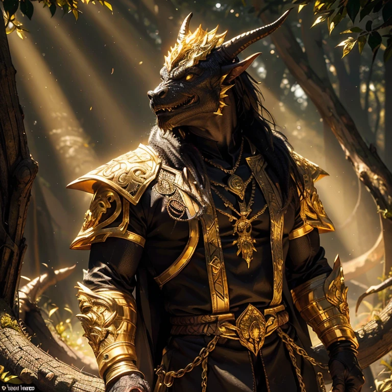 [black] dragonborn, really muscular and strong, with Holy symbols, his mouth is open, teeth showing, drowling Gold and acid, waiting next tô a tree, with The sunlight shining in him and little shadows of the tree leafes. He looks very Noble and rich, with Gold in her hands and horns. He is in a pose tryng to bite something. There is energy flowing around him like melted Gold. 
