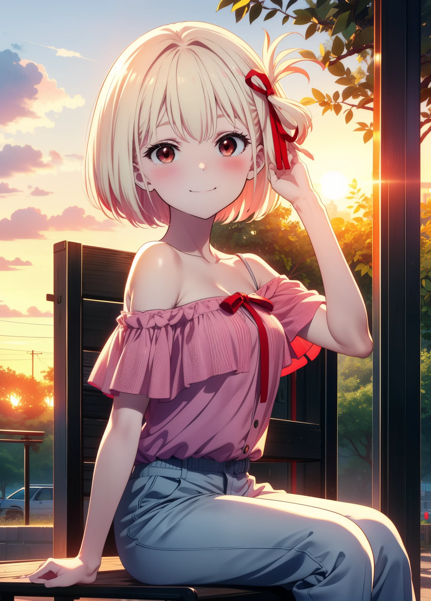 chisatonishikigi, Chisato Nishikigi, short hair, bangs, Blonde Hair, (Red eyes:1.5), hair ribbon, One side up, Bobcut,smile,blush,
Cord off-shoulder top,Short sleeve,skinny pants,Stiletto heels,morning,morning陽,The sun is rising,The whole body of the person walking is included in the illustration.,morning,morning陽,The sun is rising, sitting on a park bench,
Destroy outdoors, Destroying the park looking at viewer, Systemic
break (masterpiece:1.2), highest quality, High resolution, unity 8k wallpaper, (figure:0.8), (Beautiful fine details:1.6), Highly detailed face, Perfect lighting, Highly detailed CG, (Perfect hands, Perfect Anatomy),