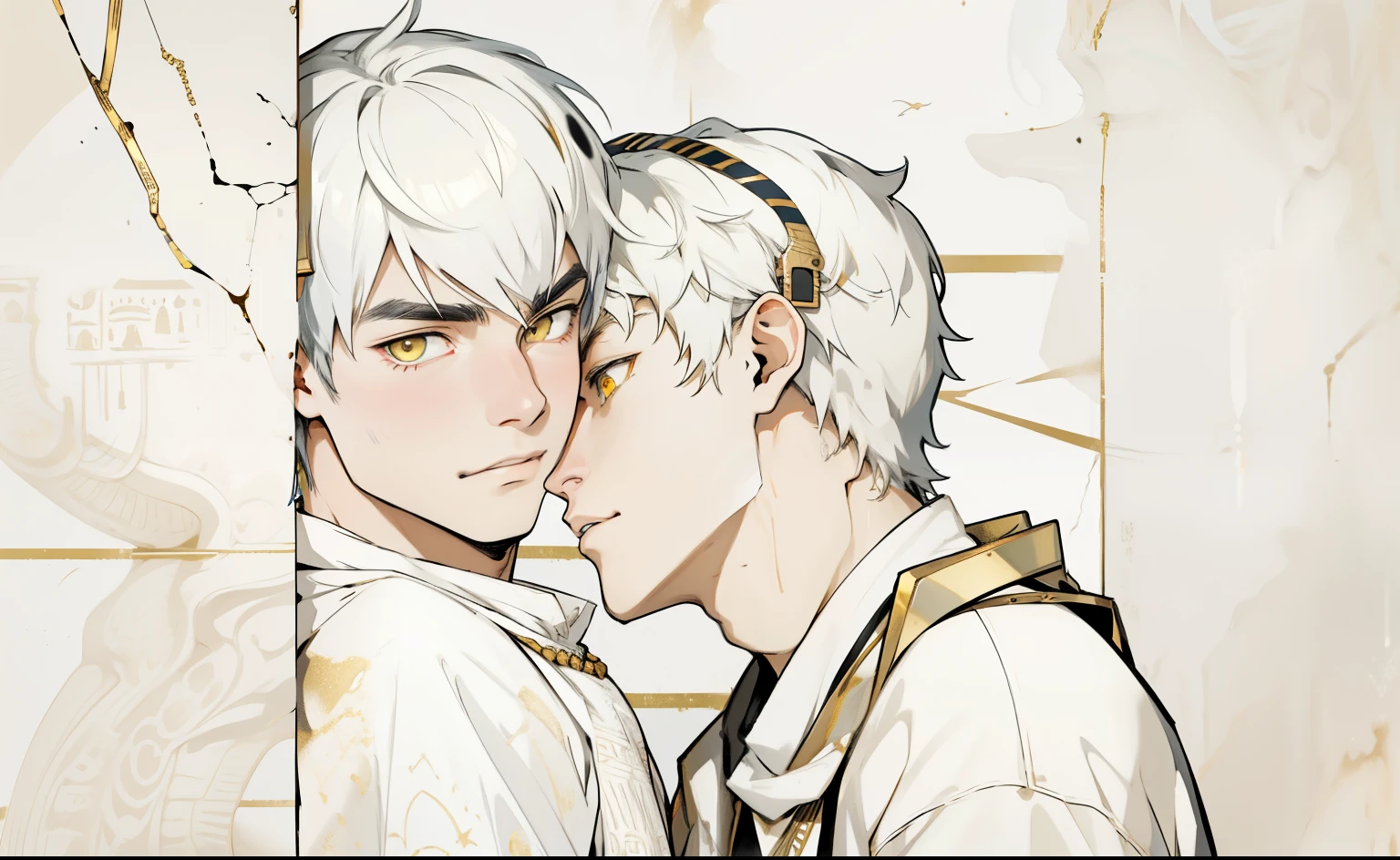 cute 18 year old boy yellow eyes white hair black ancient egyptian clothes with yellow gold jewelry