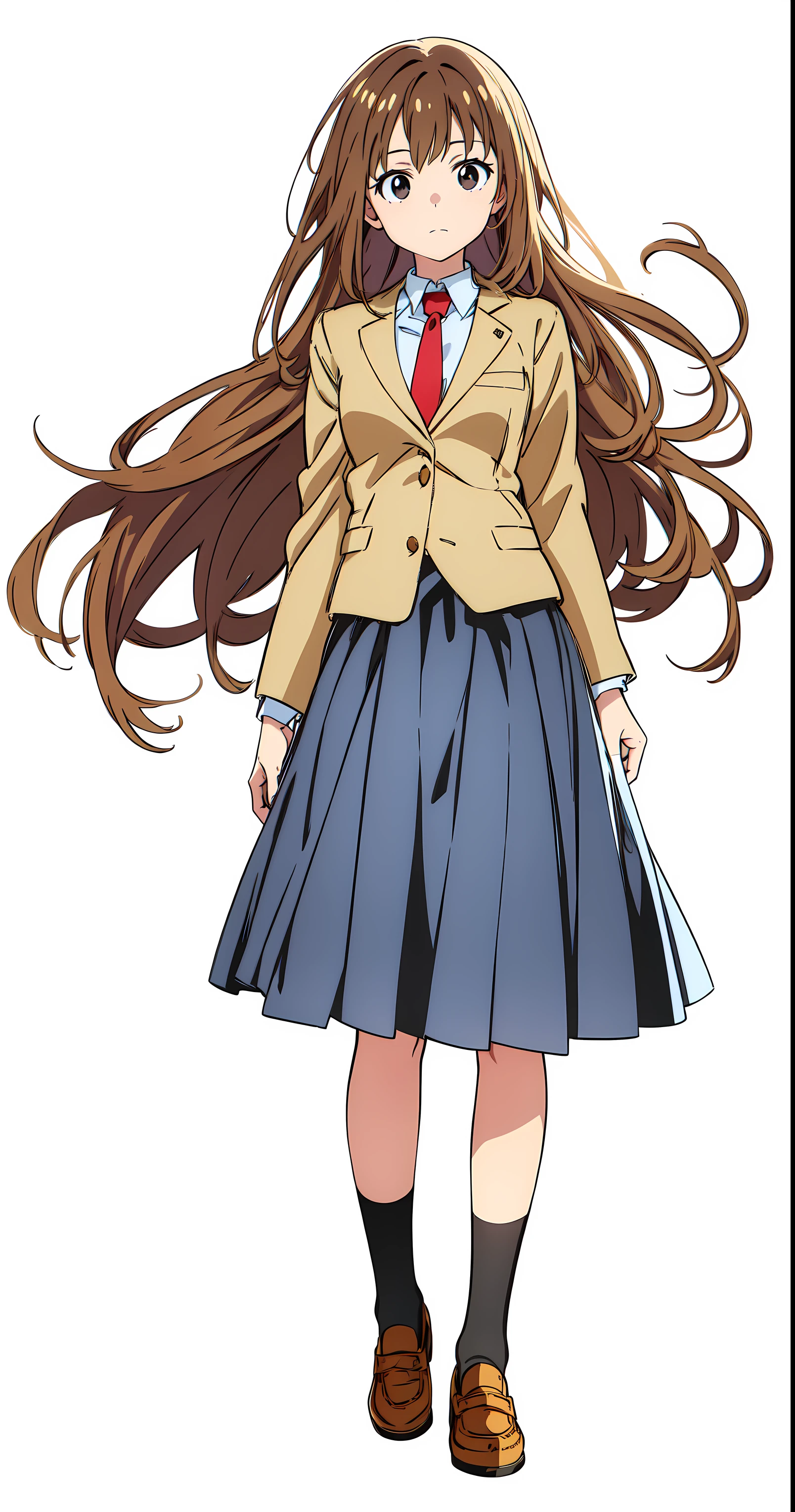(white background:1.0), (best quality:1.0), (masterpiece:1.0), (super fine illustration:1.0), (beautiful artwork:1.0), (anime screencap:1.0), (official art:1.0), (full body:1.0), (solo:1.0), (HSGα:1.0), (a 18yo cute girl:1.0), (long skirt:1.2), (dark blue skirt:1.0), (pleated skirt:1.0), (school uniform beige blazer:1.0), (red necktie:1.0), (loafers:1.0), (black socks:1.0), (ideal ratio body proportions:1.2), (lanky:1.2), (tall:1.2), (slender:1.2), (small breasts:1.2), (smaller face:1.2), (tareme:1.0), (detailed beautiful eyes:1.0), (detailed beautiful face:1.0), (glowing black eyes:1.0), (long hair:1.0), (brown hair:1.0), (standing:1.0), (looking at viewer:1.0)