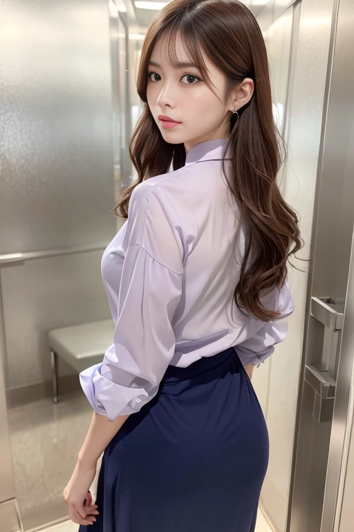 One-person viewpoint, (masutepiece:1.3), High resolution, ultra-detailliert, the Extremely Detailed CG Unity 8K Wallpapers, Realistic, Photorealsitic, Raw photo, beautifull detailed face, pale skin, realistic glistening skin, Detailed Cloth Texture, detailed hair texture, Perfect body, Beautiful face, precise, Anatomically correct, Highly detailed face and skin texture, Natural neck length, (Beautiful hands), (Fair skin:1.2), thin legs, Thin feet, Aligned teeth,
BREAK,
Detailed eyes, symmetrical eye, Light brown eyes, Double eyelids, Thin eyebrows, (Glossy lips:1.4), (Sleepy face:1.2), (blush:1.3),
BREAK,
(Classy and cute girl:1.3), (Wear elegant clothes (Light purple) Button shirt:1.2), ((The shirt is a bit lighter))((navy) Elegant long skirt made of rayon material:1.2), , (Long skirt with narrow pleats), (Elegant pleated long skirt)
large full breasts, (Slender figure:1.1), ((Wearing high heels))
(Dark blonde hair, Wavy Hair, short-hair:1.2), ((asymmetrical bangs:1.2)),
BREAK,
(Rear view of a woman standing in an elevator hall:1.4),((Hands on the wall)) ((Turn your butt to the viewer:1.3)), (The shape of the buttocks is faintly visible from the top of the clothes.:1.5)((emphasis on the buttocks))(((The line from the waist to the buttocks is beautiful)))
(Inside an office building)), (((Woman Standing In Elevator Hall))), (View from your feet:1.5), Looking at Viewer, photographed from the back、Low angle shooting