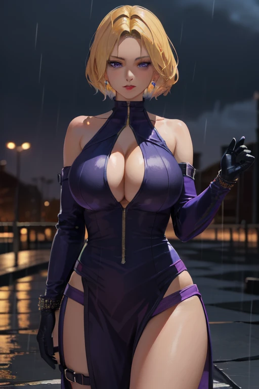 (masterpiece, highest quality, Very detailed, High resolution), One girl, , Purple Dress, , , short hair, alone, Detailed face, View Viewer, Cleavage, (Big Breasts, The body is slim, Wide Hips), Cinema Lighting, Outdoor, rain