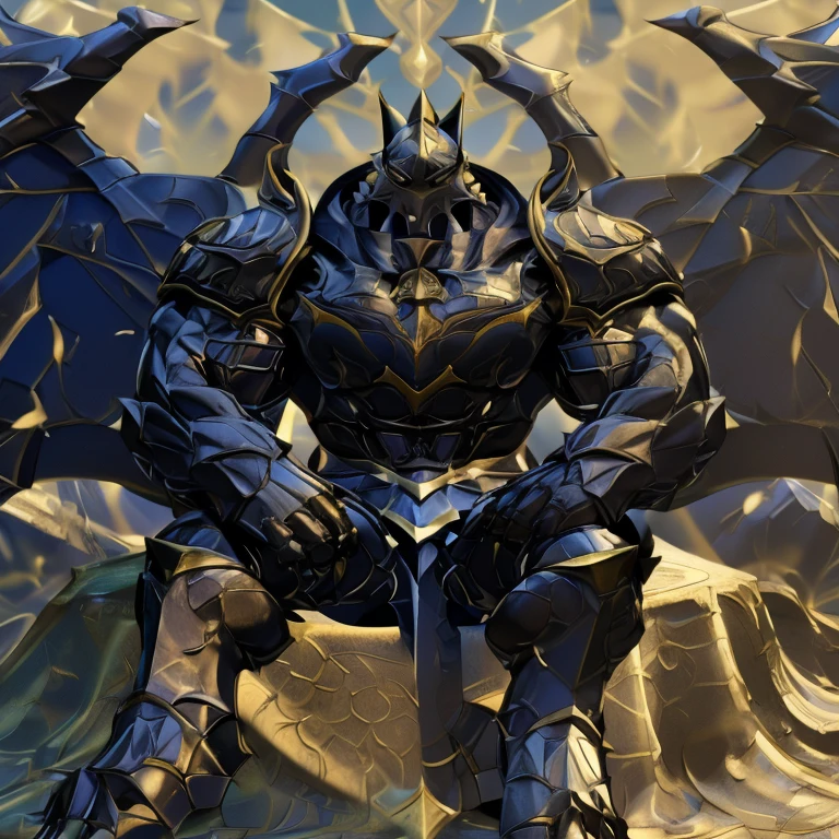 (masterpiece, best quality, detailed:1.2) (Pokémon) LUCARIO, detailed full body, a knight's mechanical armor, glowing wide and heavy armor, wears full body armor. massive muscles, huge pecs, chiseled abs, huge pectorals, exaggeratedly huge muscles. wearing a cloak. unusually developed muscular body big muscle, pecs, triceps, traps, waist narrow, unusually developed muscular body, Spread wings, It has wings. have big wings. sitting on the throne,