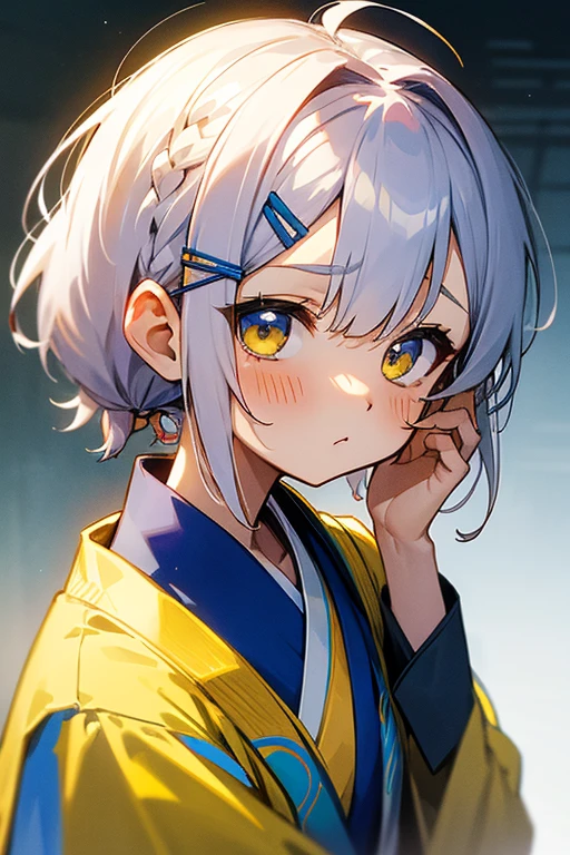 Short white hair, blush, 、Headbang 2.、、Braiding、2 hair clips、Tie your hair up、Yellow and blue clothes、Okinawan style、The image of the face remains the same、Iyyah sasar、