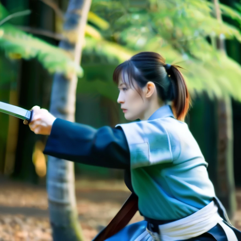 A still from a movie film(Medium Full Shot), an amazing A cinematic photo of a strong Japanese samurai training in swordsmanship in a forest., Looking at something in the woods, Female Samurai Style, Shallow depth of field, Vignette, Very detailed, High budget, Bokeh, CinemaScope, Sulky, amazing, nice, Film Grain, granular