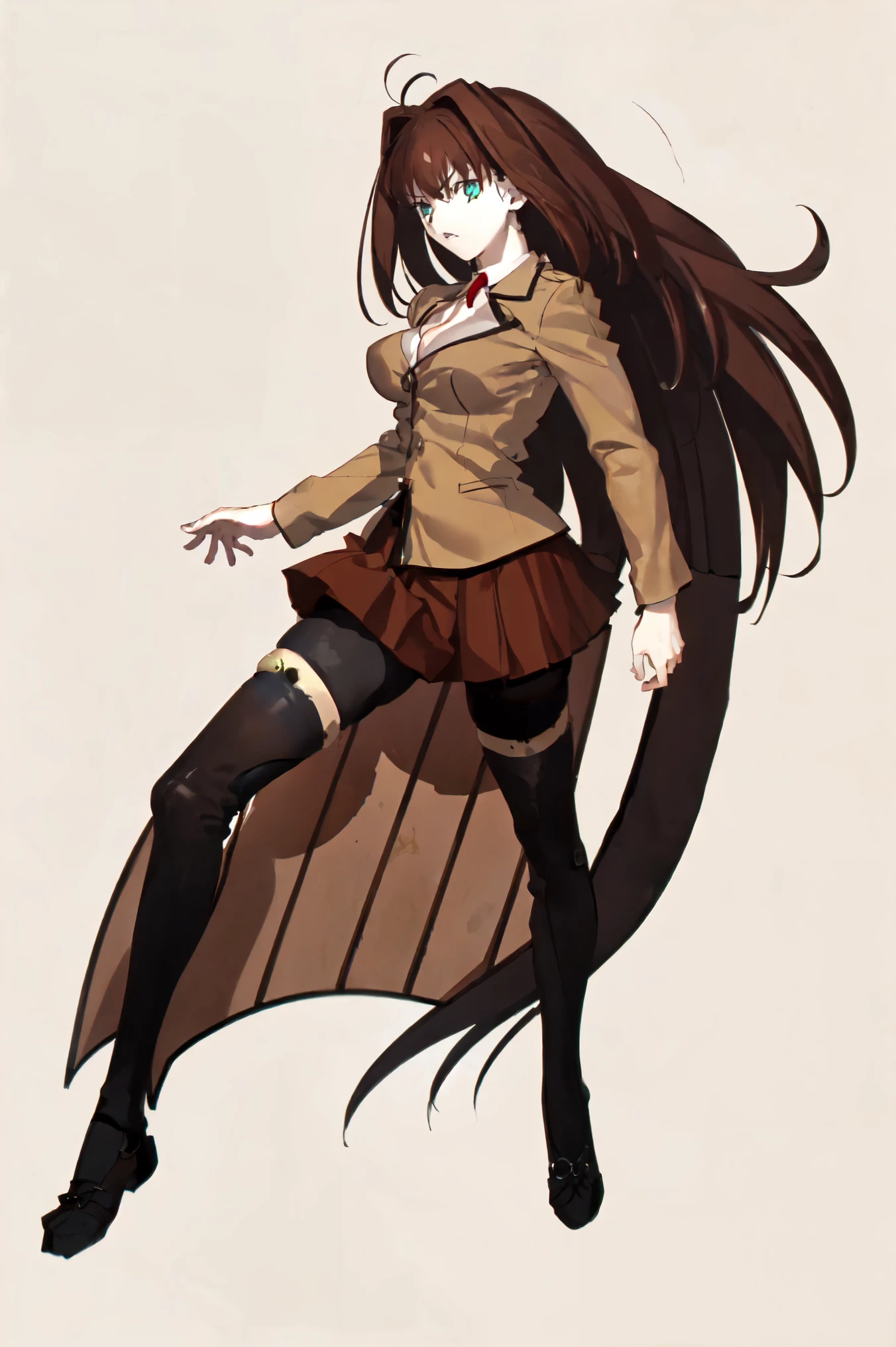1girl, solo, cinematic light, colorful, hyper detail, intricate details, best quality, (wallpaper, masterpiece ultra-detailed), beautiful detailed face, high contrast, bbaoko, (((only 2 legs))), (lush luscious hair:1.6), (very long hair:1.1), (chestnut-brown hair with slightly reddish undertone), red bow, (Form-fitting beige blazer:1.5), brown jacket, (white shirt:0.9), (well shaped large breasts:1.2), nice hips, (Umber pleated-skirt:1.5), ((black spandex shorts:1.4)), (nice visible skin thighs:1.5), (symmetrical black thigh-high stockings:1.5), (brown Strap-Shoes), standing straight, ((Fullbody included in frame)), white-empty background, (((empty background:1.8))), facing front
