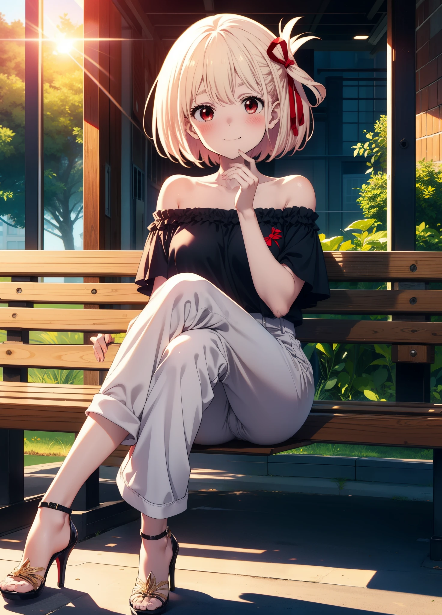 chisatonishikigi, Chisato Nishikigi, short hair, bangs, Blonde Hair, (Red eyes:1.5), hair ribbon, One side up, Bobcut,smile,blush,
Cord off-shoulder top,Short sleeve,skinny pants,Stiletto heels,morning,morning陽,The sun is rising,The whole body of the person walking is included in the illustration.,morning,morning陽,The sun is rising, sitting on a park bench,
Destroy outdoors, Destroying the park looking at viewer, Systemic
break (masterpiece:1.2), highest quality, High resolution, unity 8k wallpaper, (figure:0.8), (Beautiful fine details:1.6), Highly detailed face, Perfect lighting, Highly detailed CG, (Perfect hands, Perfect Anatomy),