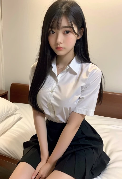 (highest quality, 8k, masterpiece ), An innocent 12-year-old junior high school girl
, Black Hair、f cup breasts、Chest that looks like the shirt is about to tear、bangs:0.6,グラマーなThighs:1.1、Very tight see-through uniform:1.4、mini skirt, Highly detailed face, double eyelid,、round face:1.2、whole body、Thighs、loafers、round face、Diagonally from behind、On the bed、