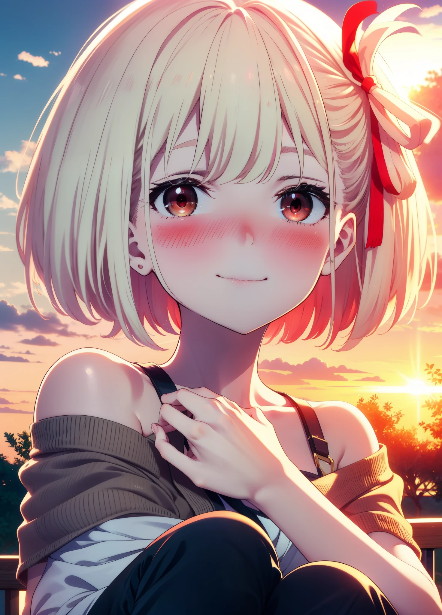 chisatonishikigi, Chisato Nishikigi, short hair, bangs, Blonde Hair, (Red eyes:1.5), hair ribbon, One side up, Bobcut,smile,blush,
Cord off-shoulder top,Short sleeve,skinny pants,Stiletto heels,morning,morning陽,The sun is rising,The whole body of the person walking is included in the illustration.,morning,morning陽,The sun is rising, sitting on a park bench,
Destroy outdoors, Destroying the park looking at viewer, Systemic
break (masterpiece:1.2), highest quality, High resolution, unity 8k wallpaper, (figure:0.8), (Beautiful fine details:1.6), Highly detailed face, Perfect lighting, Highly detailed CG, (Perfect hands, Perfect Anatomy),