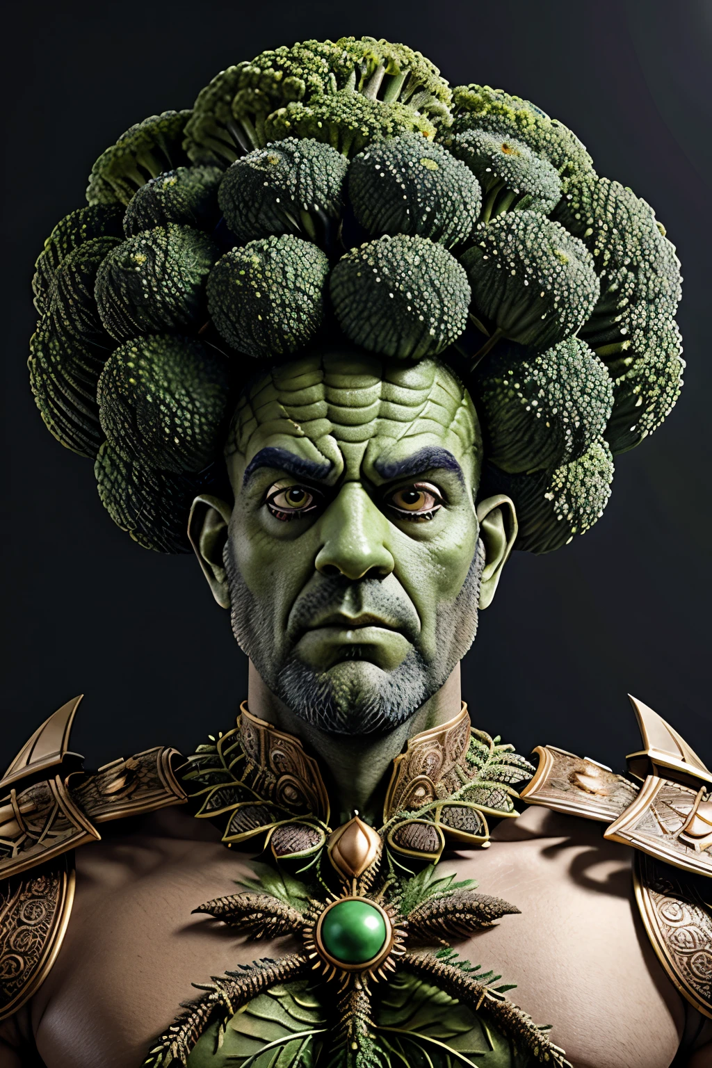 Striking portrait of a distinctive humanoid warrior, crafted in the likeness of a towering broccoli colossus. His muscular, verdant physique is adorned with minute, broccoli-like florets, giving him an otherworldly appearance. His countenance is serious yet determined, his eyes deep-set and ablaze with an unwavering resolve. His 'hair' is a glorious crown of densely packed broccoli florets, adding a unique touch to his regal appearance.
This warrior's wardrobe consists of armor made of intricately intertwined vines and leaves, harmoniously complementing his green body.
