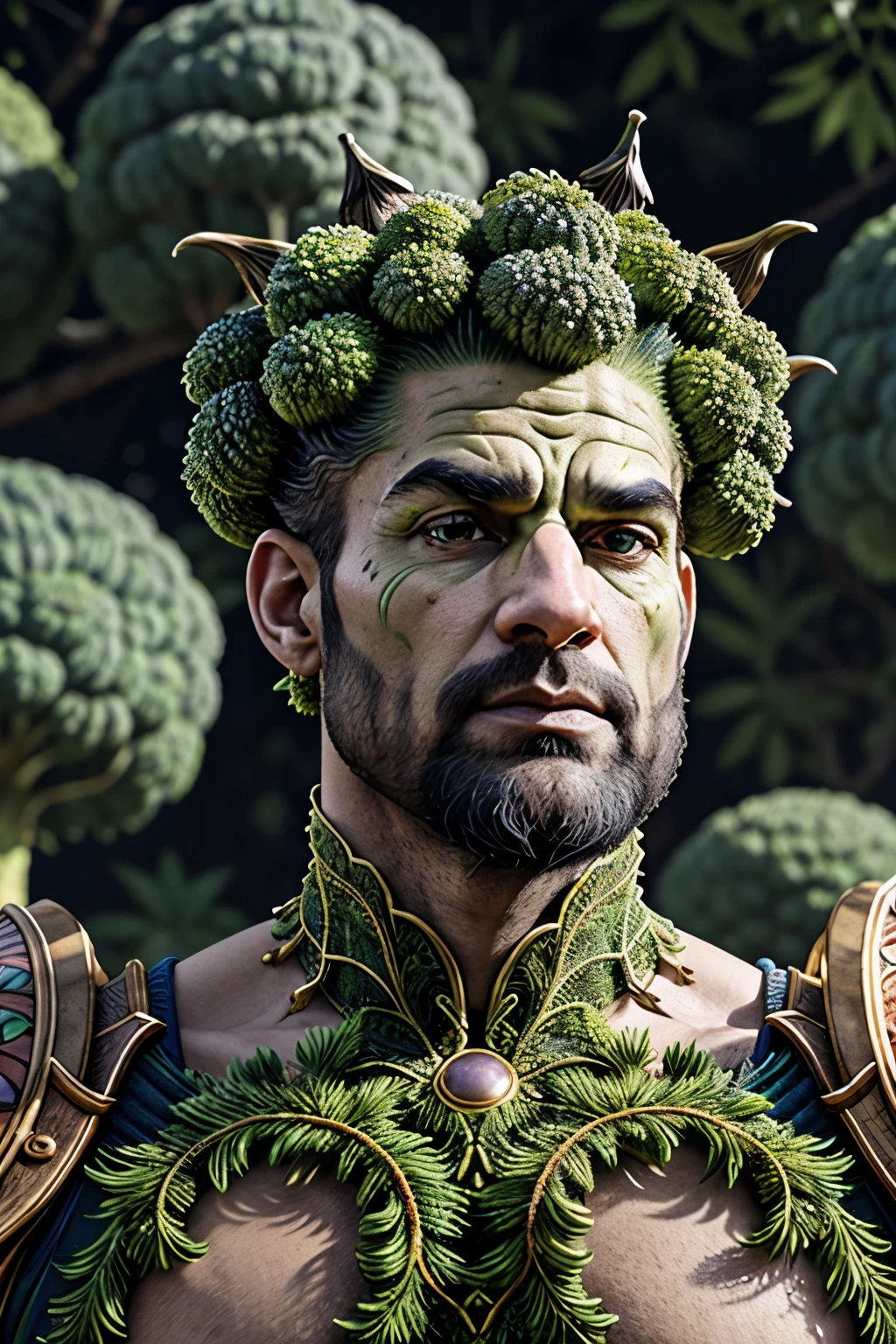 Striking portrait of a distinctive humanoid warrior, crafted in the likeness of a towering broccoli colossus. His muscular, verdant physique is adorned with minute, broccoli-like florets, giving him an otherworldly appearance. His countenance is serious yet determined, his eyes deep-set and ablaze with an unwavering resolve. His 'hair' is a glorious crown of densely packed broccoli florets, adding a unique touch to his regal appearance.

This warrior's wardrobe consists of armor made of intricately intertwined vines and leaves, harmoniously complementing his green body.