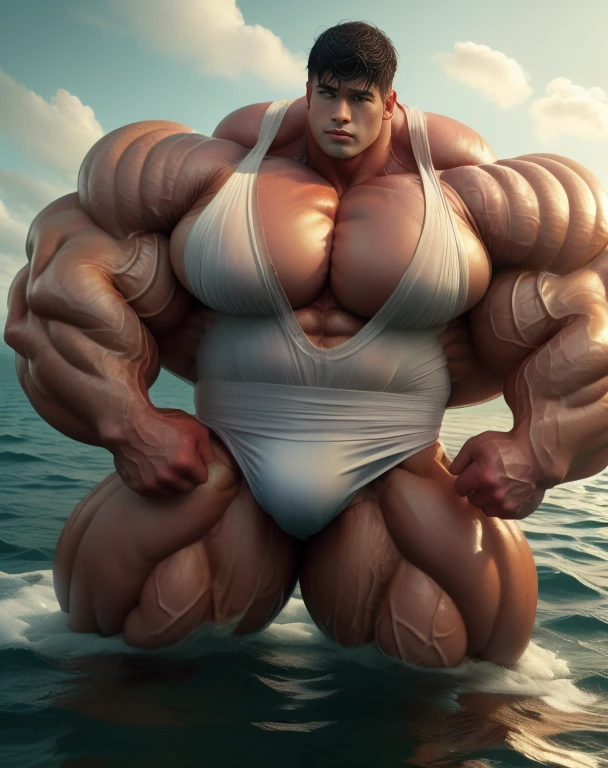 1 asian men, handsome, giant, buzz black haircut, model shoot style, looking at camera, standing, posing arms, outdoor, in the ocean, strong body, bulk, naked, wear white swimwear underpants, bulge, big, brutalmass, giant, muscular body, bulk, massive body, large meaty body size, brown veiny skin, big arms, ballooning meaty pecs, big butt. Wet, water splash, ocean waves, UHD, Realistic, intricate detail