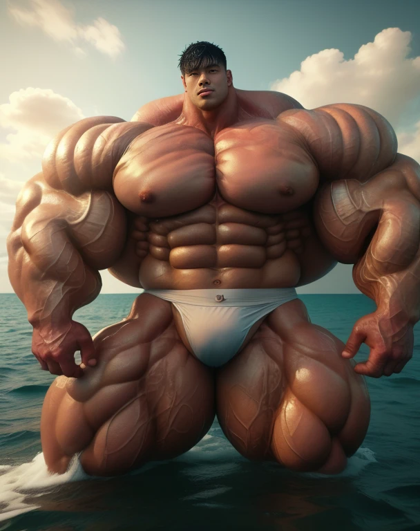 1 asian men, handsome, giant, buzz black haircut, model shoot style, looking at camera, standing, posing arms, outdoor, in the ocean, strong body, bulk, naked, wear white swimwear underpants, bulge, big, brutalmass, giant, muscular body, bulk, massive body, large meaty body size, brown veiny skin, big arms, ballooning meaty pecs, big butt. Wet, water splash, ocean waves, UHD, Realistic, intricate detail