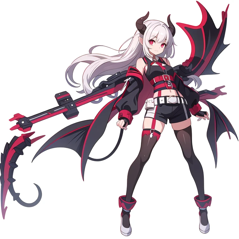 (((Best Quality))) , ((full body)), female, reference sheet, solo, (white background), demon girl, belt bondage outfit,