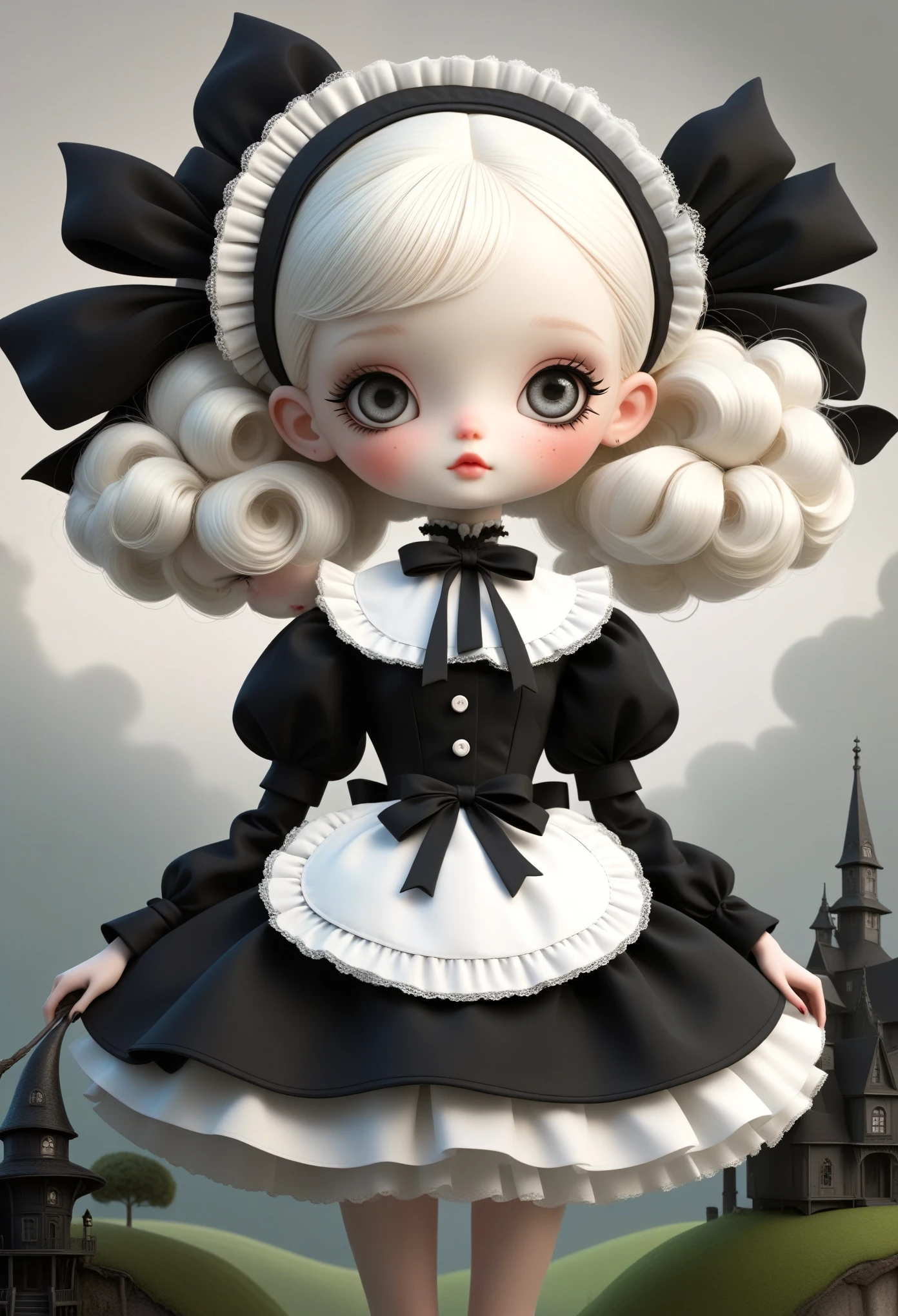 Micro Landscape：Real Barbie，Close up of a doll wearing a black and white dress, Ray Caesar (Ray Caesar) Inspired 3D rendering, Polycount competition winner, Gothic art, Maid costume, Gothic girl anime girl, Weird art style, Maid costume, Artwork in the style of Guweiz, , Witch Costume, dark and fear style, fear!! Very detailed