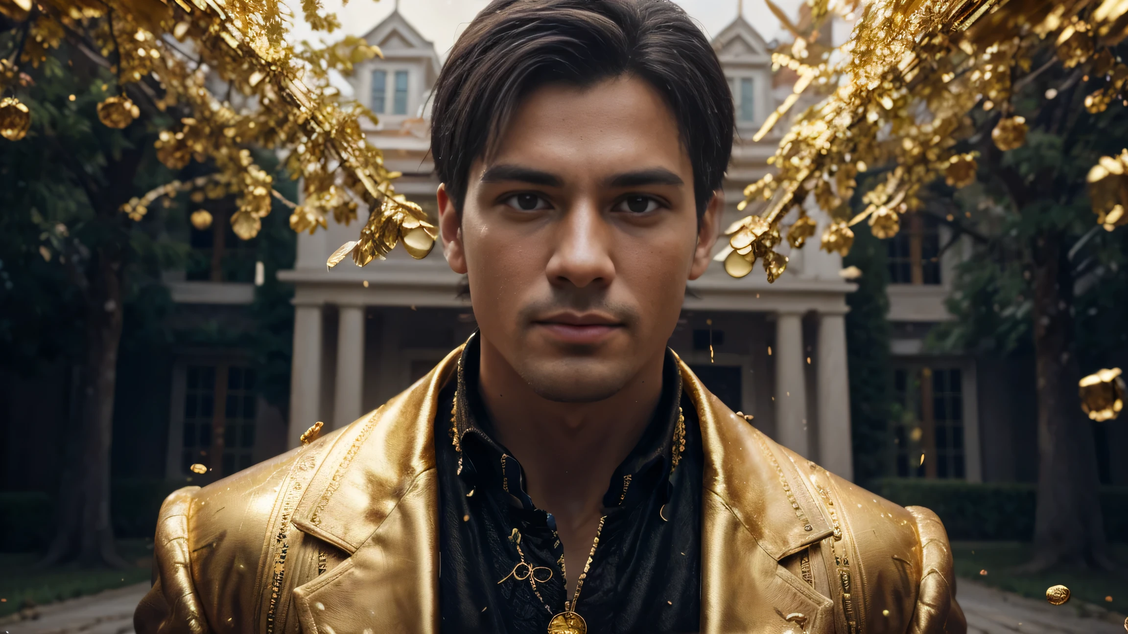 a man in front of a mansion full of gold coins falling from the sky, ultra detailed image, realism, 8k, hyper detailed skin, intense and vivid colors.