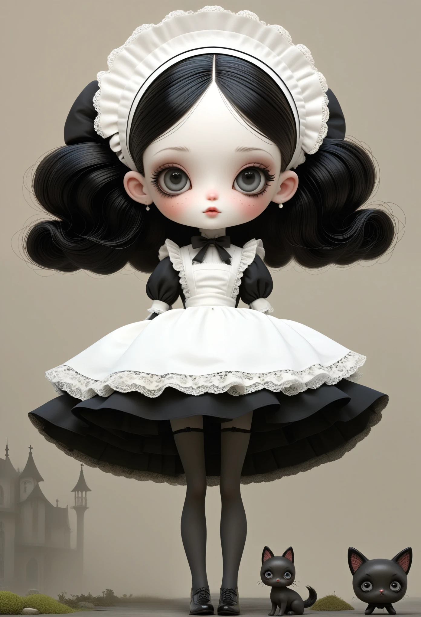 Micro Landscape：Real Barbie，Close up of a doll wearing a black and white dress, Ray Caesar (Ray Caesar) Inspired 3D rendering, Polycount competition winner, Gothic art, Maid costume, Gothic girl anime girl, Weird art style, Maid costume, Artwork in the style of Guweiz, , Witch Costume, dark and fear style, fear!! Very detailed