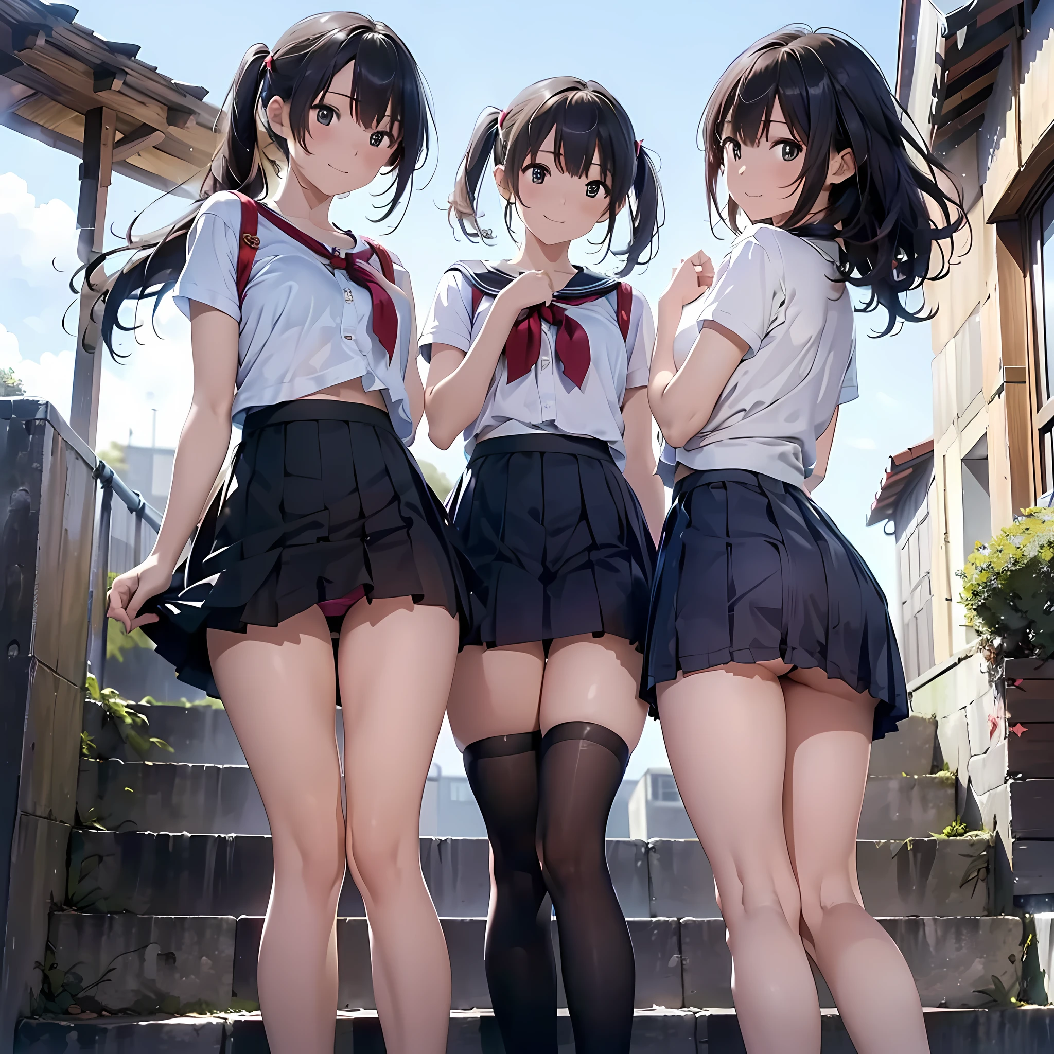 ((highest quality)), ((masterpiece)), (High resolution), 8K, best shadow, The best natural light, cinematic, climbing the stairs、3girls, smiling, ((Rear view))、(Angle from directly below the rear), ((View from directly below))、(Skirts that turn over in strong winds:1.4), (Stylish satin panties), slender body, beautiful thighs, embarrassed look