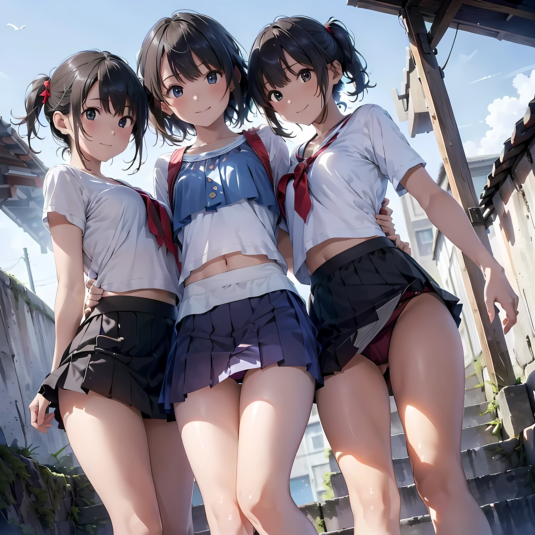 ((highest quality)), ((masterpiece)), (High resolution), 8K, best shadow, The best natural light, cinematic, climbing the stairs、3girls, smiling,  ((Rear view))、(Angle from directly below the rear), ((View from directly below))、(Skirts that turn over in strong winds:1.4), (Stylish satin panties), slender body, beautiful thighs, embarrassed look