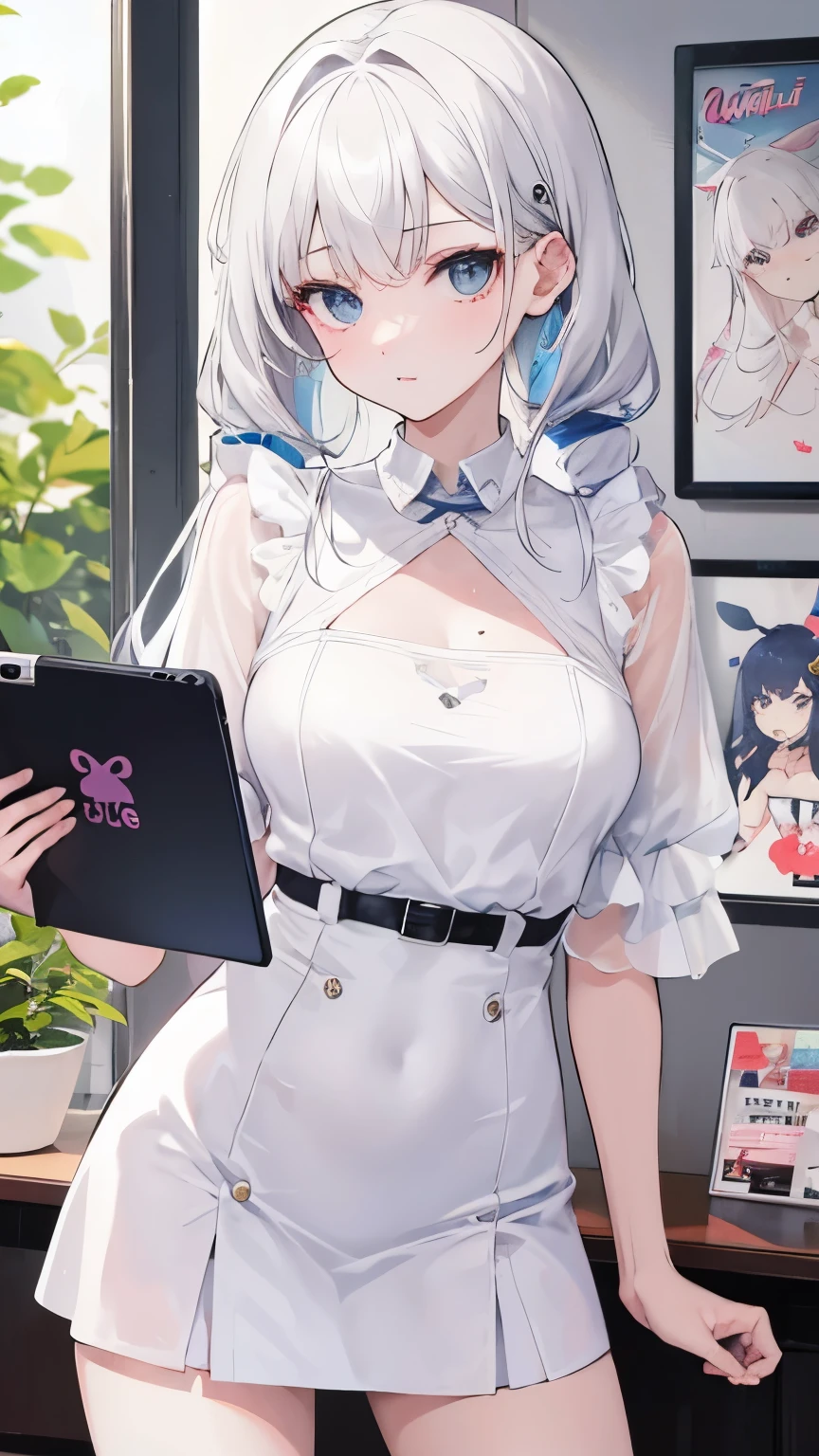 ((Best quality at best, 8K, tmasterpiece :1.1)), Focus sharp :1.2, a pretty girl，perfect body figure :1.4, Slim abs :1.2, (( Blonde wavy hair, Silver light hair ,long whitr hair, large- titsjob :1.4)), (white tight shirt :1.3 (transparent pubic hair)),  black short skirt (sweltering) ((kindle: 1.6)), the night: 1.1, (详细的脸), button top shirt: 1.3 ,  ((barechested)), the street:1.5, buliding, Highly detailed face and skin texture, 詳細な目, 二重まぶた, Smiling