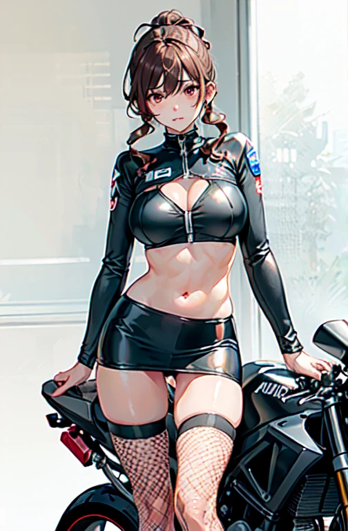 Bodysuits, || Race_Queen, || Race Queen, Knee socks, || abdomen, mini skirt, || Swimwear, || one-piece Swimwear, || Crop top, || bikini, || Motorcycle Suit, || Fishnet tights, pantyhose,, ultra detailed, masterpiece, highest quality, beautiful, detailed,, alone, Frowning,
One girl, Red eyes, (tsurime:1.2), (Brown Hair:1.3), Medium Hair, (Asymmetrical bangs, Swept-apart bangs, Whorl:1.35), Reverse hair, Folded ponytail, Folded ponytail, Big Breasts、Underboob,mini skirt