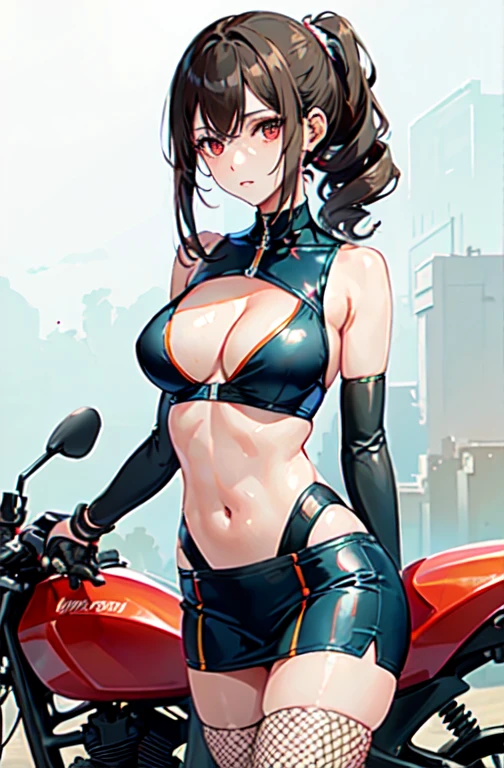 Bodysuits, || Race_Queen, || Race Queen, Knee socks, || abdomen, mini skirt, || Swimwear, || one-piece Swimwear, || Crop top, || bikini, || Motorcycle Suit, || Fishnet tights, pantyhose,, ultra detailed, masterpiece, highest quality, beautiful, detailed,, alone, Frowning,
One girl, Red eyes, (tsurime:1.2), (Brown Hair:1.3), Medium Hair, (Asymmetrical bangs, Swept-apart bangs, Whorl:1.35), Reverse hair, Folded ponytail, Folded ponytail, Big Breasts、Underboob,mini skirt