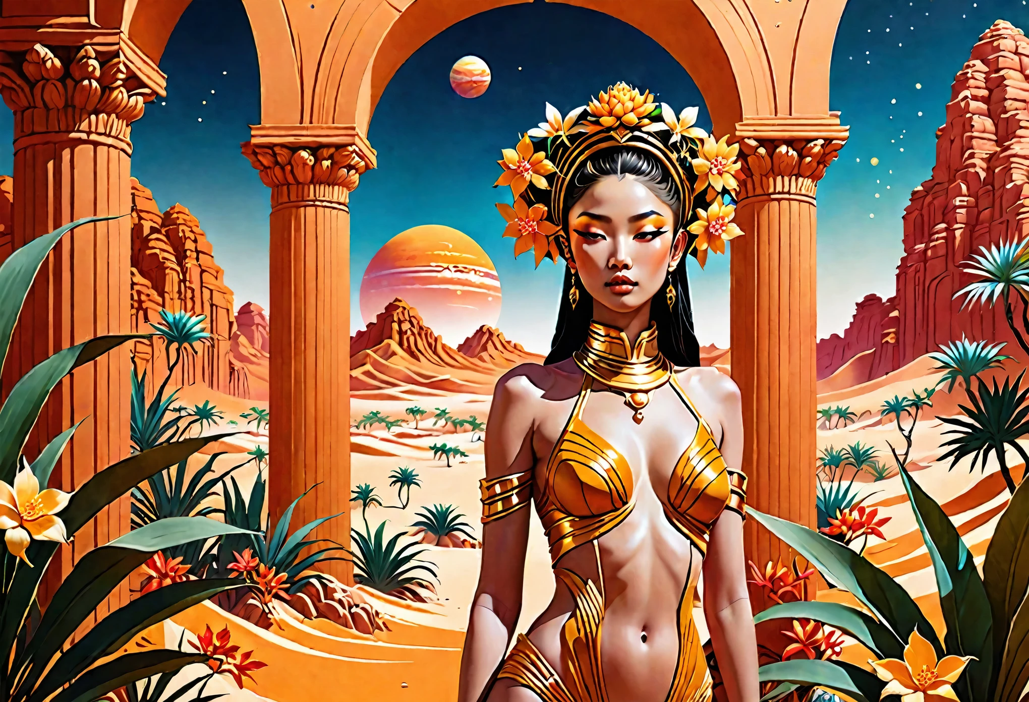 A god like Jupiter of a desert with ochre grain of sand, in juxtaposition duality with the nymph of an oasis with luscious vegetation and tropical flowers,  space opera confrontation, inspired by manhua aesthetics.