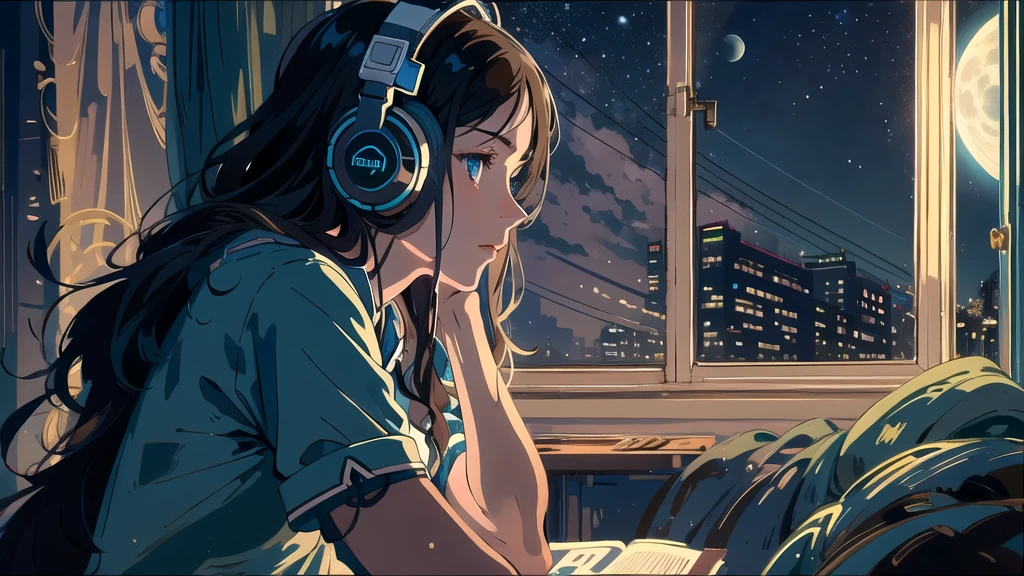 Create an illustration of a girl with dark hair and blue eyes, sitting sideways in front of the window of her room, She is wearing headphones and has a sentimental and introspective expression, Moonlight softly shines into the room, gently illuminating the space, Curtains sway in the breeze, enhancing the serene, melancholic atmosphere, Emphasizing the themes of solitude, silence, and the depths of night, the room is dark but slightly illuminated by moonlight