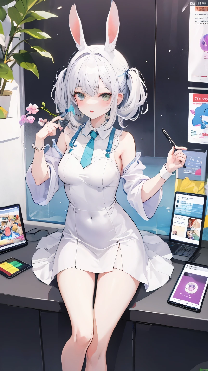 Una chica,cabello blanco,orejas de conejo,sostiene una tablet,que salga todo su cuerpo,esta usando vestido,fondo blanco,comic