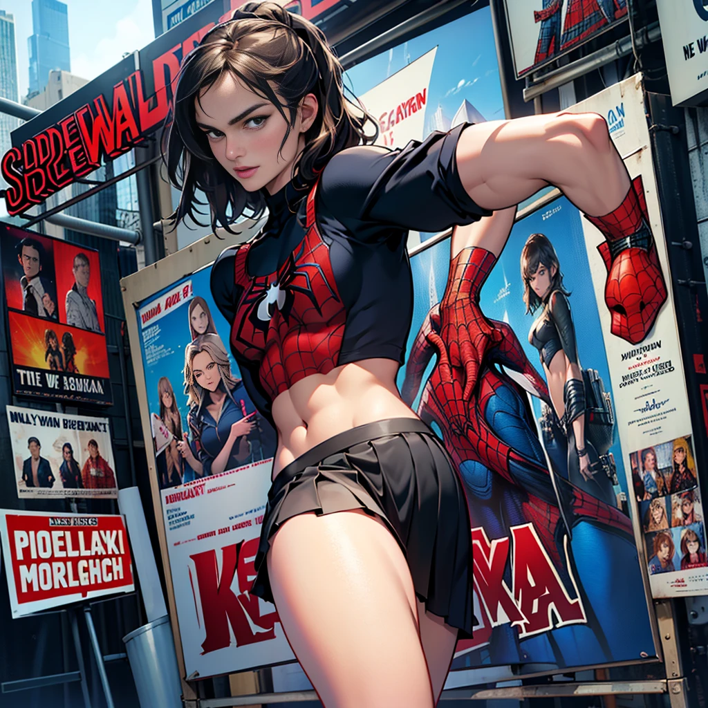 Lea Michele、マーベルコミックの映画Poster、so beautiful、Movies about Spider-Man、sexy、whole body、Wearing a skirt、Premiere Date、Poster、belly buttonを突き出す、new york、She&#39;s wearing a ripped Spiderman suit、The suit is torn、Wearing a skirt、Red and black color scheme、dynamic、masterpiece、Highest quality、Super detailed、Very detailed、Delicate and beautiful shine、Ultra-high resolution、Cinematic、break、breakドロップ、(Torn clothes:1.5)、(Wet clothes:1.4)、Bare shoulders、Real Rain、Wet Hair、belly button、Exposed Skin、sexyな肩を披露