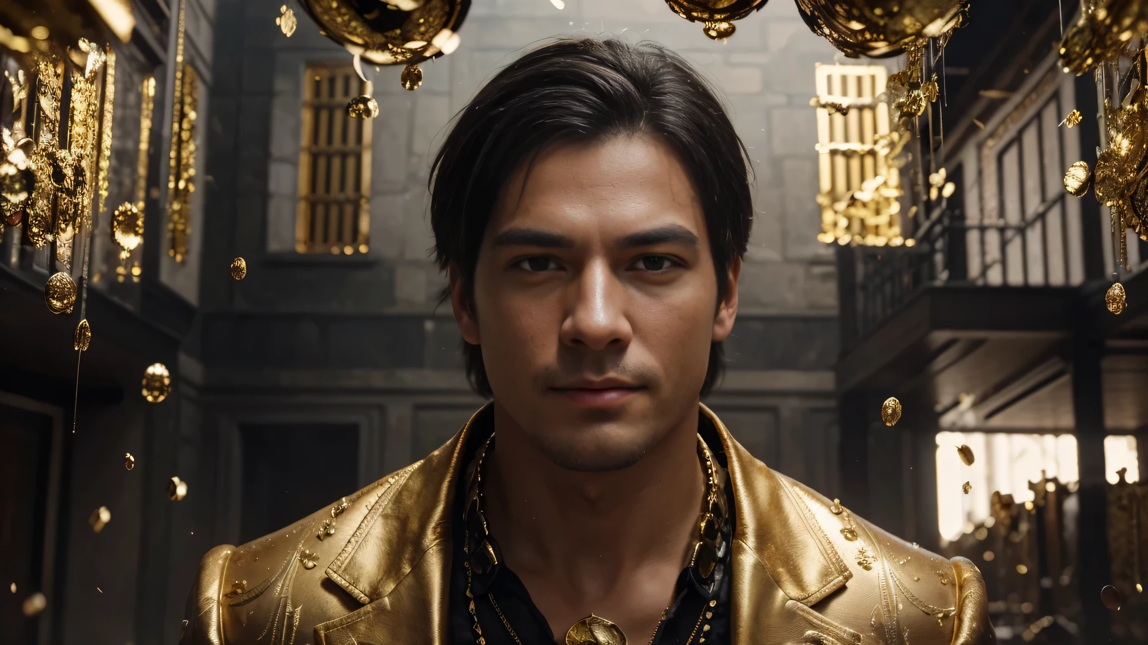 a man in front of a mansion full of gold coins falling from the sky, ultra detailed image, realism, 8k, hyper detailed skin, intense and vivid colors.
