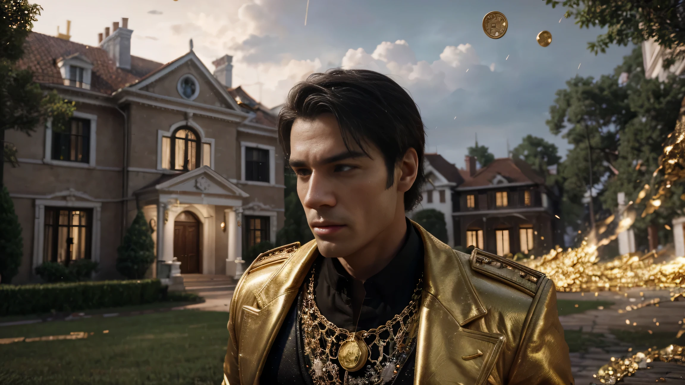 a man in front of a mansion full of gold coins falling from the sky, ultra detailed image, realism, 8k, hyper detailed skin, intense and vivid colors.