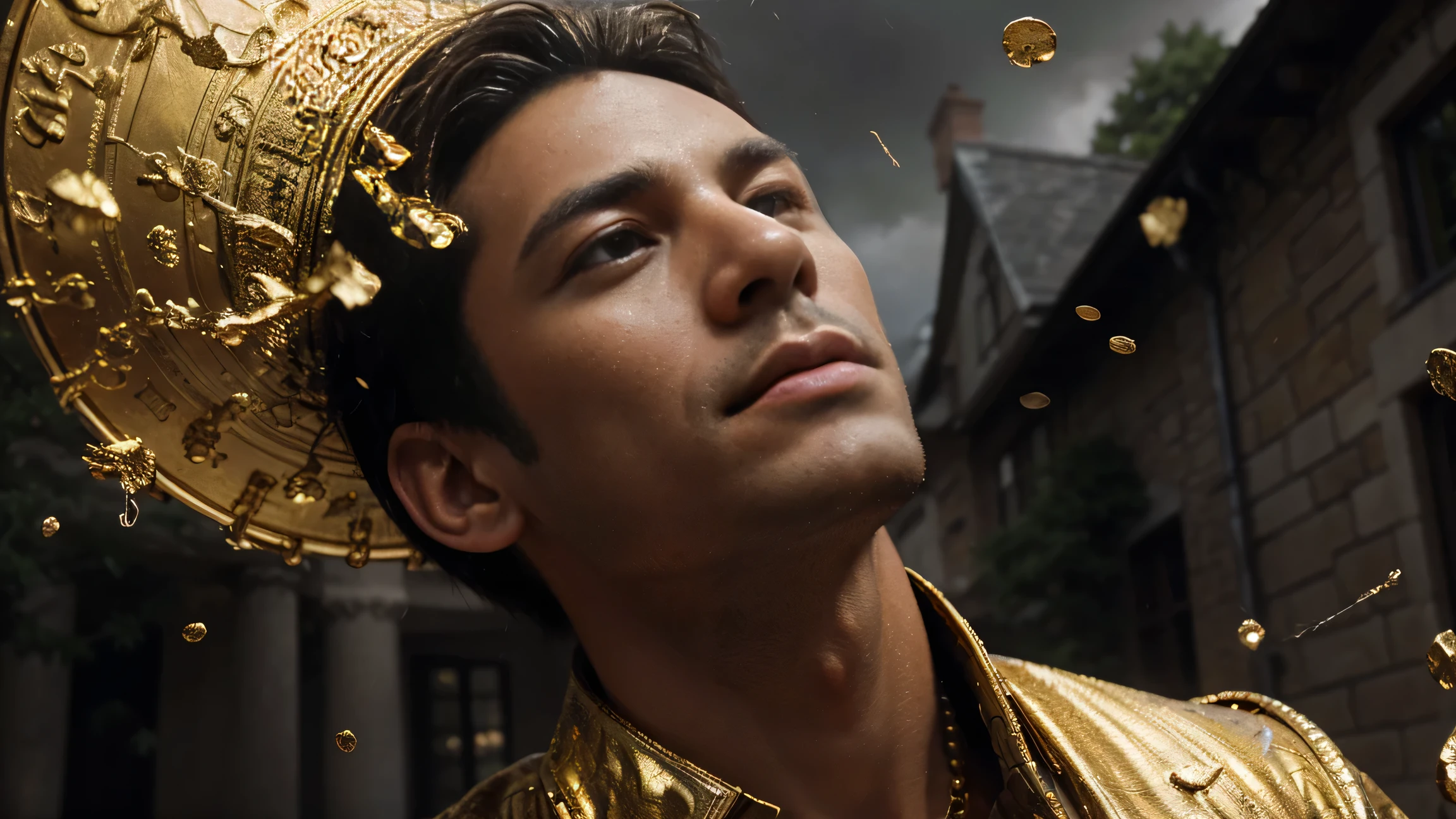a man in front of a mansion full of gold coins falling from the sky, ultra detailed image, realism, 8k, hyper detailed skin, intense and vivid colors.