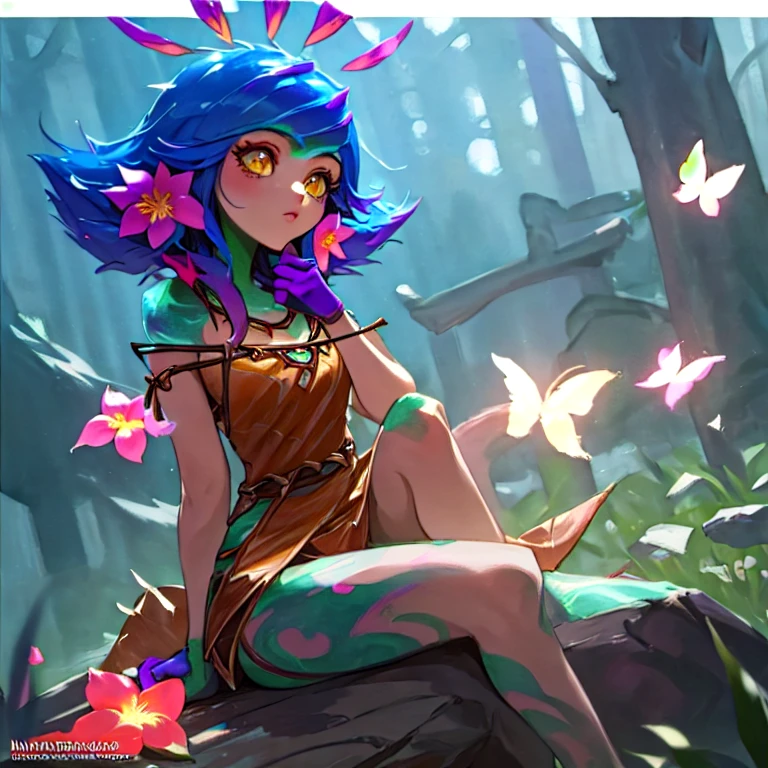 a beautiful detailed neeko from league of legends, masterpiece, best quality, ultra detailed, cute, beautiful watercolor, game cg, live performance venue, a beautiful girl, 1 girl, solo, colorful light bar, watercolor, flower in her hair, 5 fingers, sit on rock