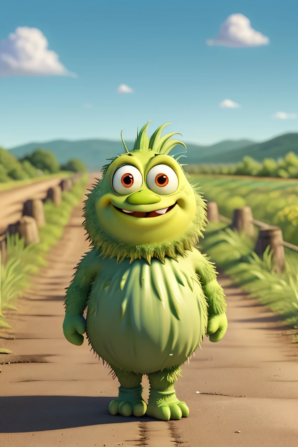 Giant Dill pickle with arms and feet walking across a gravel road, bright colors